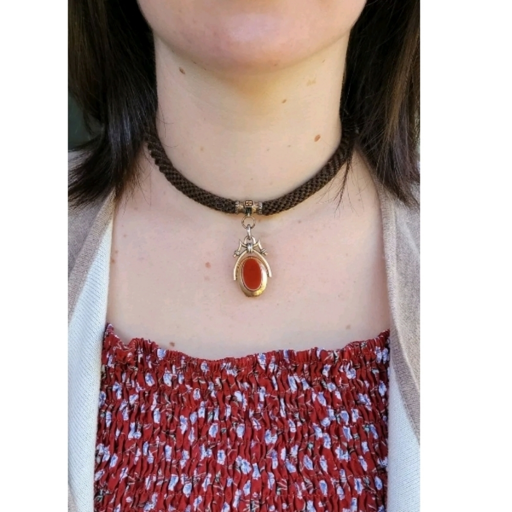 Sold Antique 10k Gold Enamel Mourning Hair Necklace - Picture 2 of 12